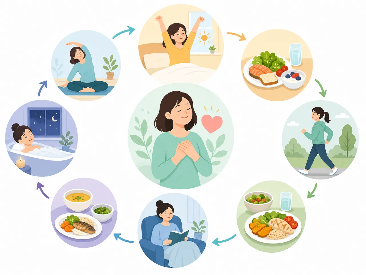 아침, 같은 시간에 일어나 빛과 물로 시작합니다