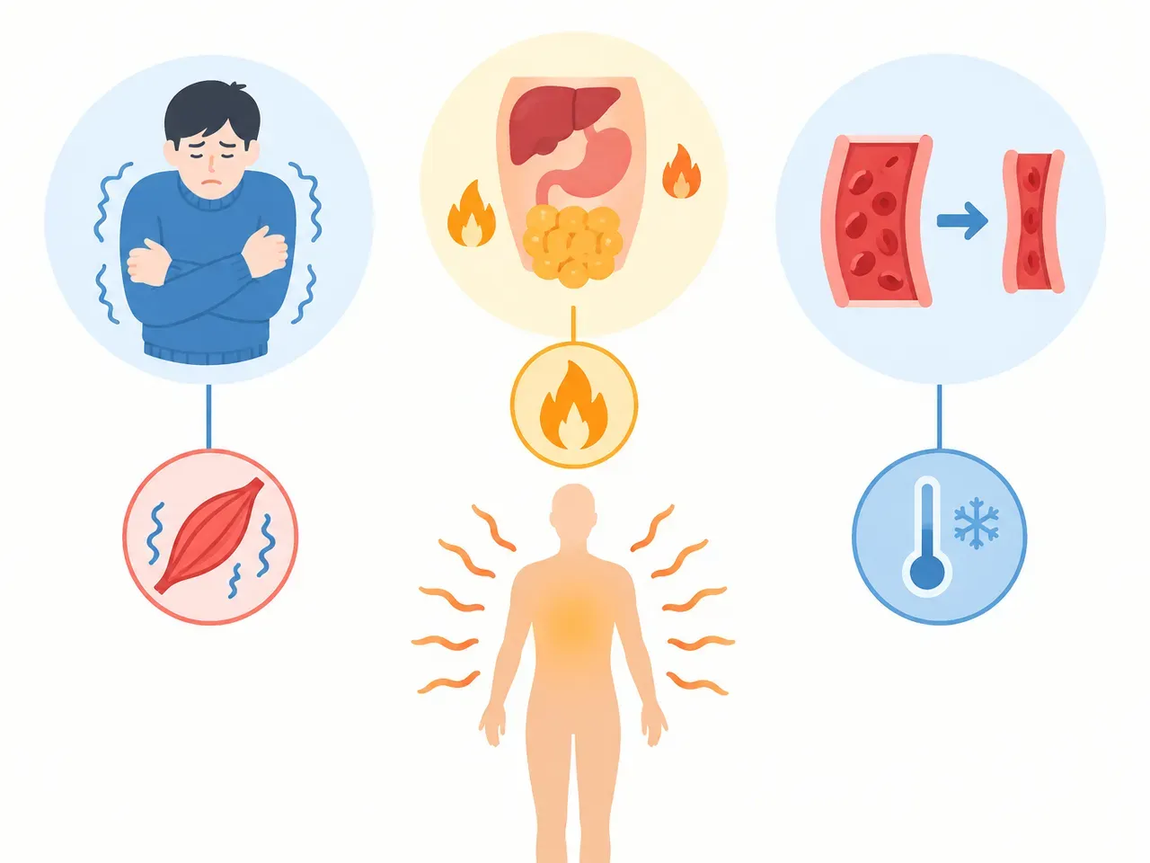 1: 체온 유지 원리를 단순한 도식으로 표현한 인포그래픽 패널, 차분한 색감, 사람 없이 그래픽 위주